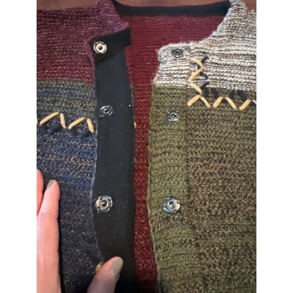 Handcrafted Patchwork Knit Cardigan 3 Snap Button Multicolor Design Angora Blend - Picture 4 of 6